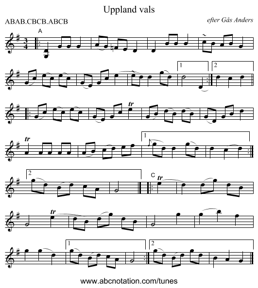 Uppland vals - staff notation