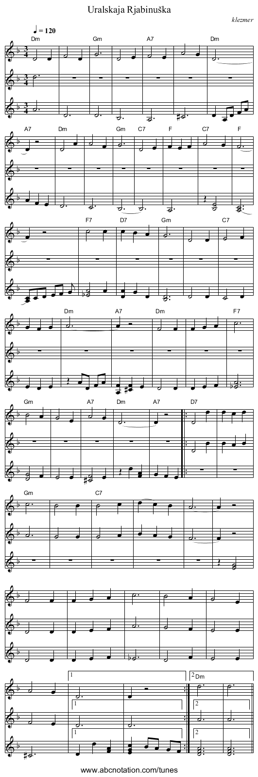 Uralskaja Rjabinu&scaron;ka - staff notation