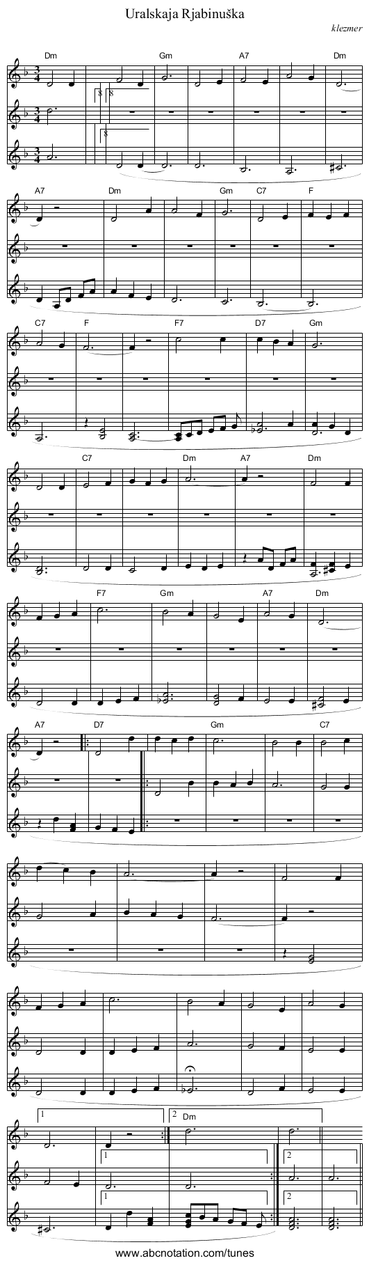 Uralskaja Rjabinu&scaron;ka - staff notation