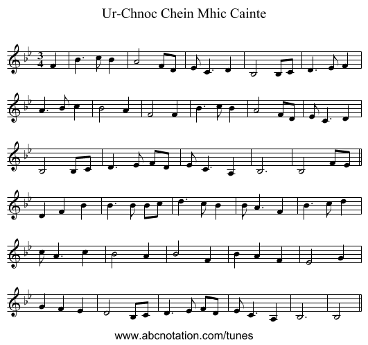 Ur-Chnoc Chein Mhic Cainte - staff notation