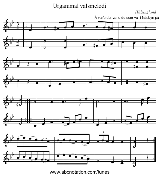 Urgammal valsmelodi - staff notation
