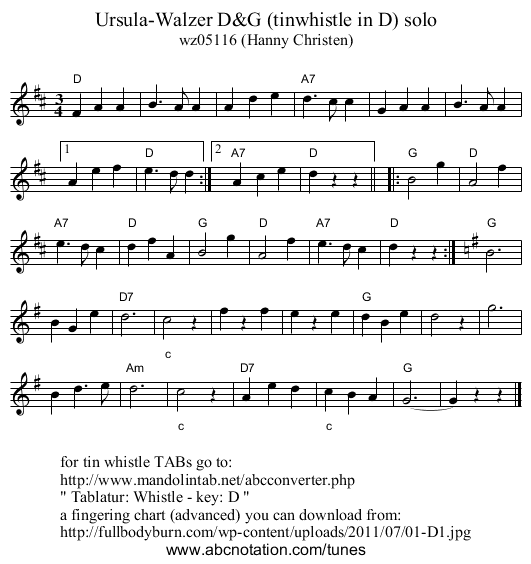 Ursula-Walzer D&G (tinwhistle in D) solo - staff notation