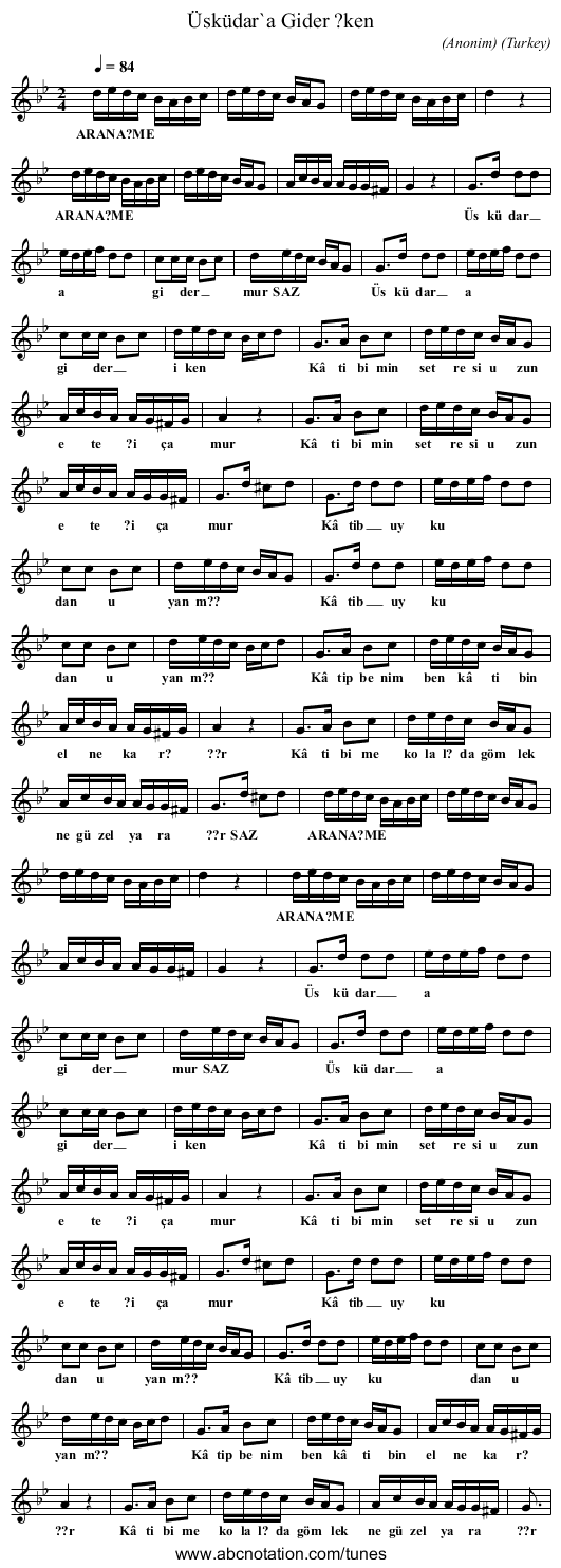 Üsküdar`a Gider ?ken - staff notation