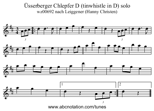 &Uuml;sserberger Chlepfer D (tinwhistle in D) solo - staff notation