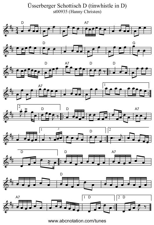 &Uuml;sserberger Schottisch D (tinwhistle in D) - staff notation