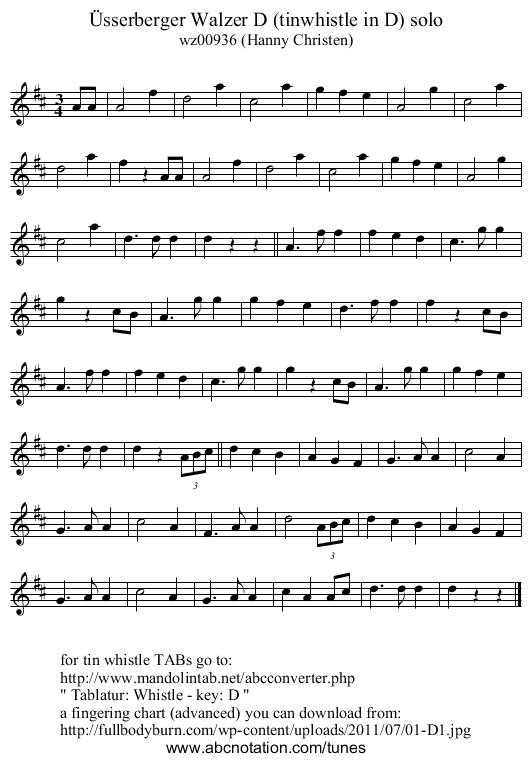 &Uuml;sserberger Walzer D (tinwhistle in D) solo - staff notation