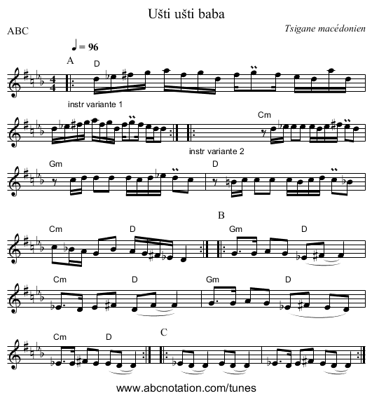 U&scaron;ti u&scaron;ti baba - staff notation