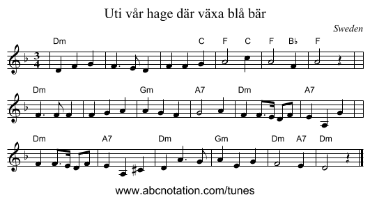 Uti v&aring;r hage d&auml;r v&auml;xa bl&aring; b&auml;r - staff notation