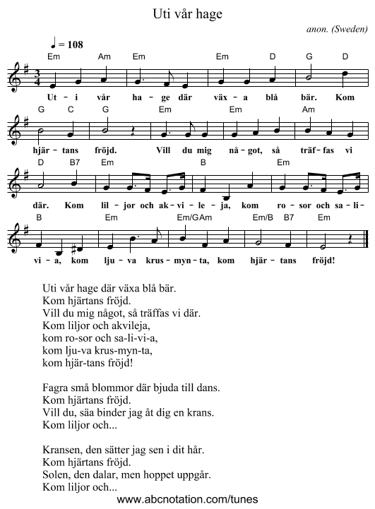 Uti v&aring;r hage - staff notation