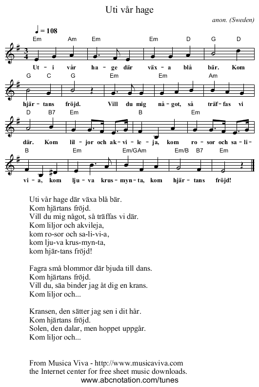 Uti vår hage - staff notation