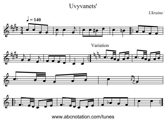 Uvyvanets' - staff notation