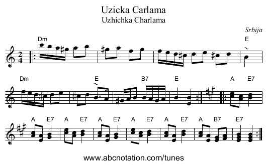 Uzicka Carlama - staff notation