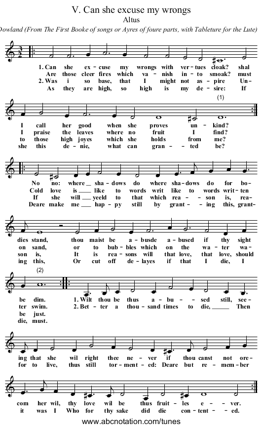 V. Can she excuse my wrongs - staff notation