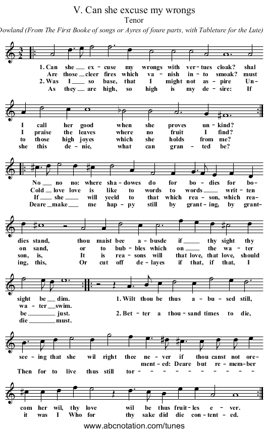 V. Can she excuse my wrongs - staff notation