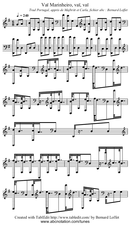 Vaï Marinheiro, vaï, vaï - staff notation
