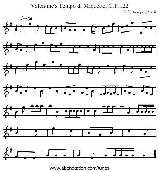 Valentine's Tempo di Minuetto. CJF.122 - staff notation