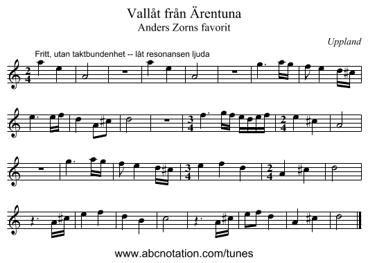 Vallåt från Ärentuna - staff notation