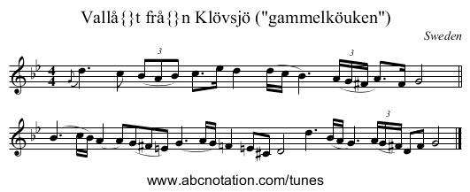 Vall&aring;t fr&aring;n Kl&ouml;vsj&ouml; (gammelk&ouml;uken) - staff notation