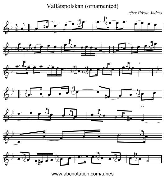 Vall&aring;tspolskan (ornamented) - staff notation