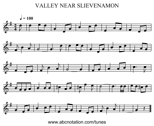 VALLEY NEAR SLIEVENAMON - staff notation