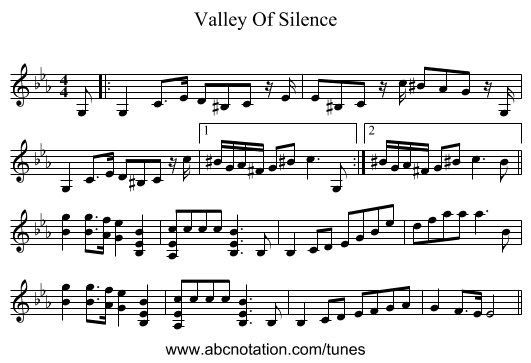 Valley Of Silence - staff notation