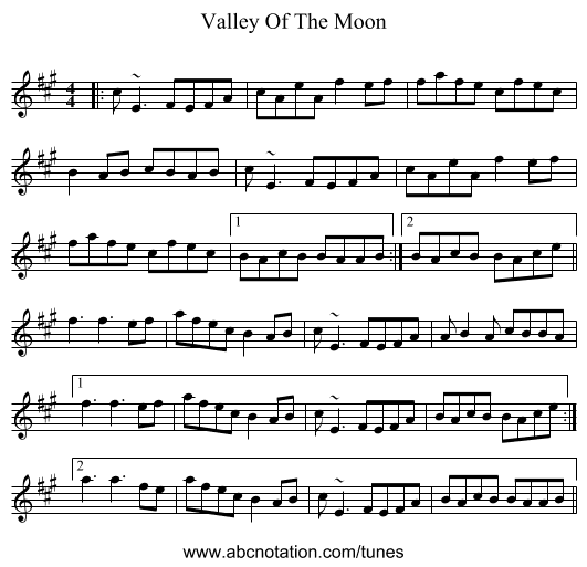 Valley Of The Moon - staff notation
