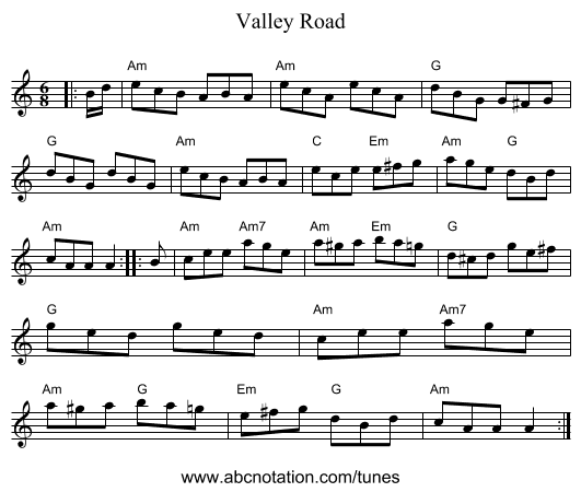 Valley Road - staff notation