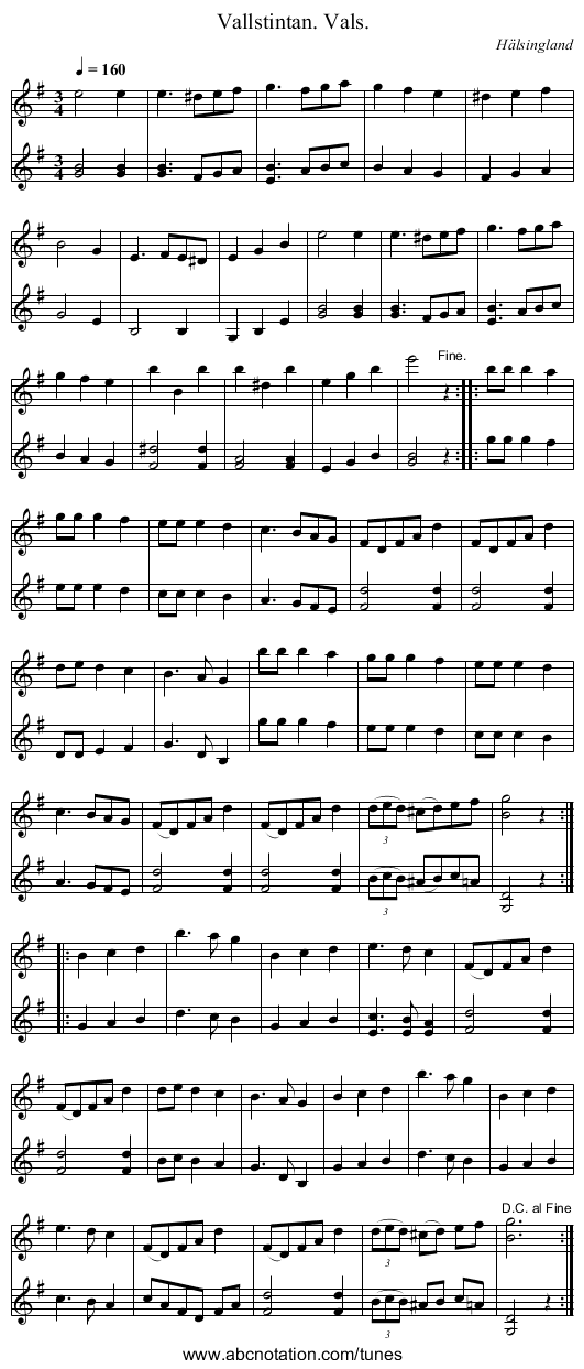Vallstintan. Vals. - staff notation