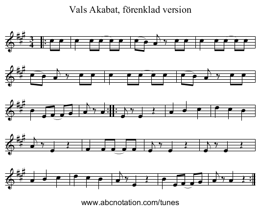 Vals Akabat, förenklad version - staff notation