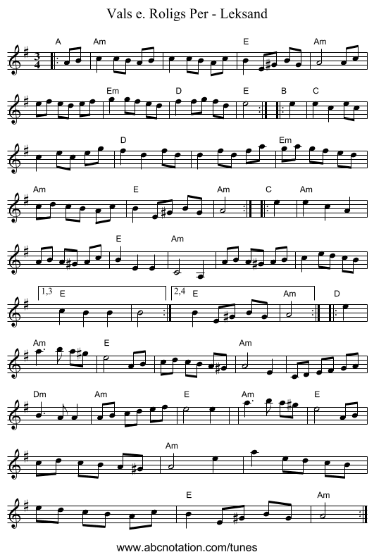 Vals e. Roligs Per - Leksand - staff notation