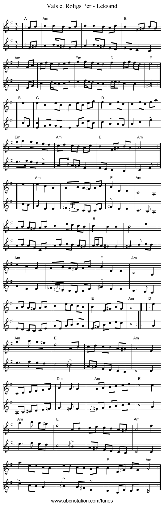 Vals e. Roligs Per - Leksand - staff notation