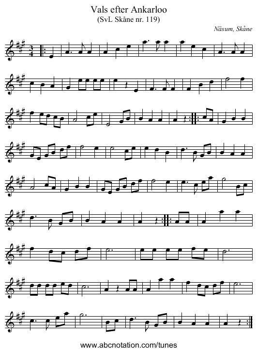 Vals efter Ankarloo - staff notation