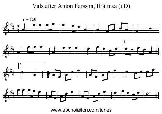 Vals efter Anton Persson, Hjälmsa (i D) - staff notation