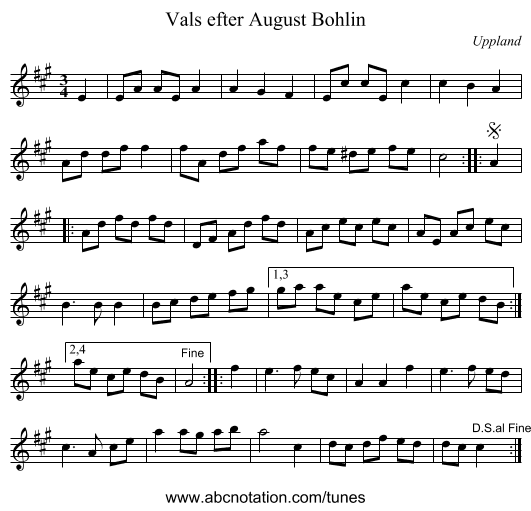Vals efter August Bohlin - staff notation