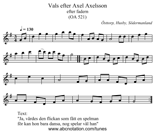 Vals efter Axel Axelsson - staff notation
