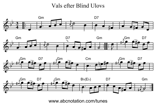 Vals efter Blind Ulovs - staff notation