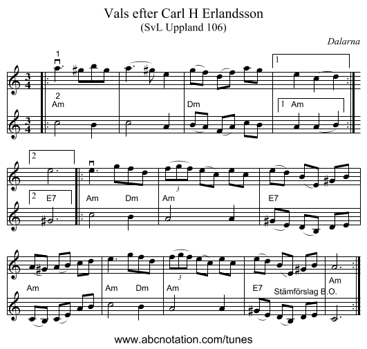 Vals efter Carl H Erlandsson - staff notation