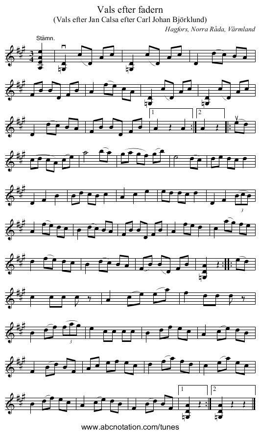 Vals efter fadern - staff notation