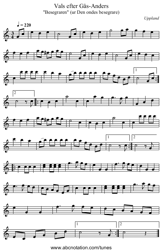 Vals efter Gås-Anders - staff notation