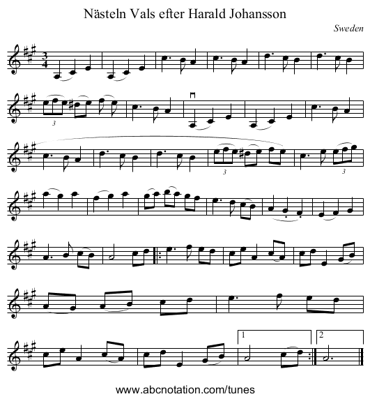 Vals efter Harald Johansson, Nästeln - staff notation