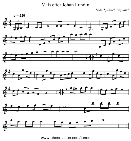 Vals efter Johan Lundin - staff notation