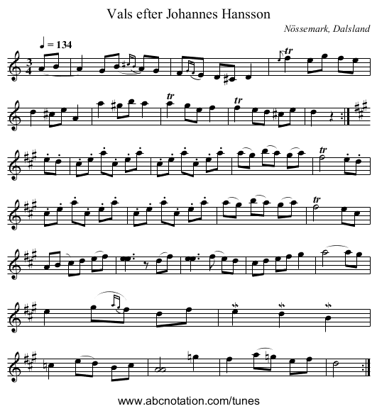 Vals efter Johannes Hansson - staff notation