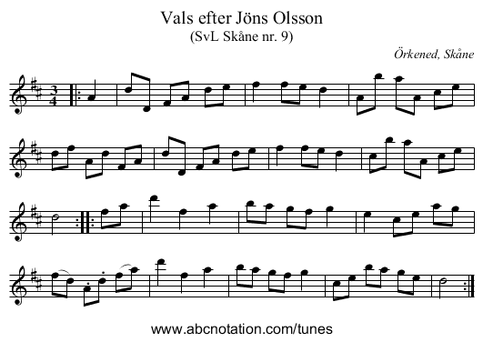 Vals efter Jöns Olsson - staff notation