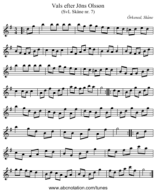 Vals efter Jöns Olsson - staff notation
