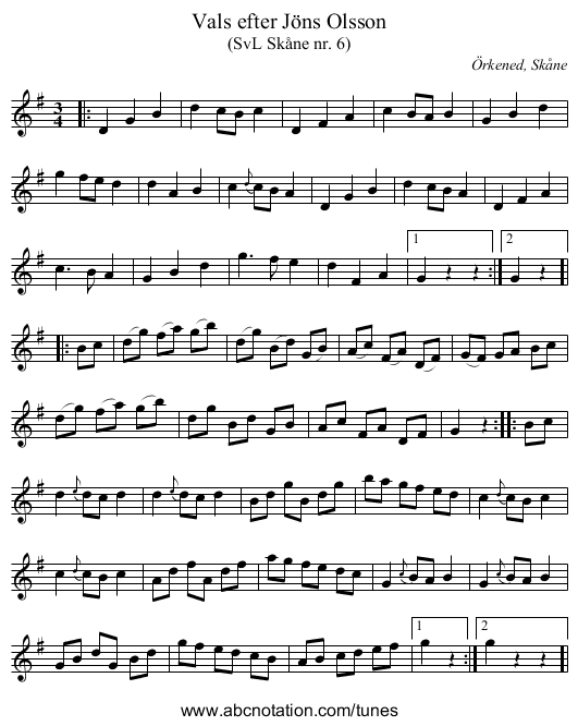 Vals efter Jöns Olsson - staff notation