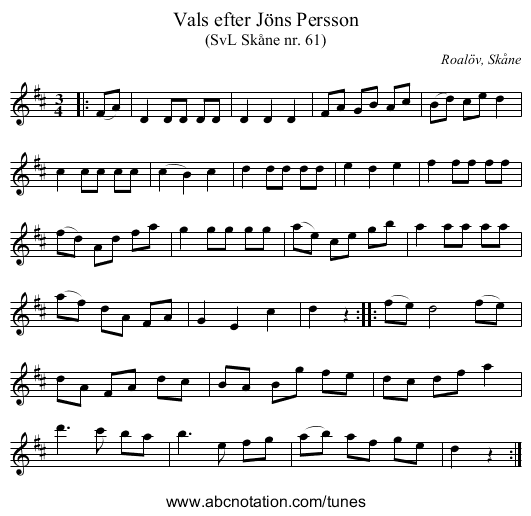 Vals efter Jöns Persson - staff notation