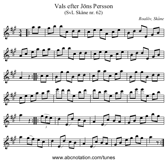Vals efter Jöns Persson - staff notation
