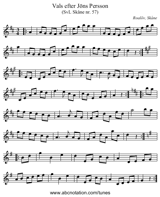 Vals efter Jöns Persson - staff notation