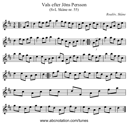 Vals efter Jöns Persson - staff notation