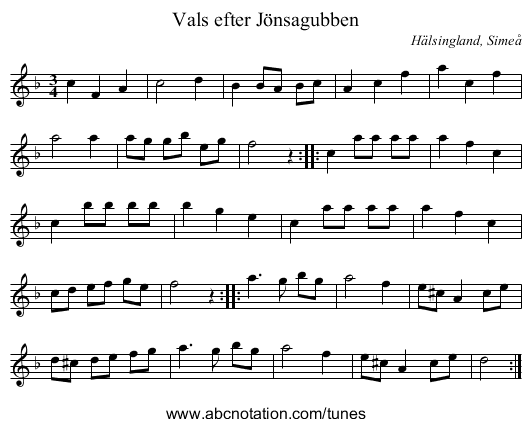 Vals efter Jönsagubben - staff notation